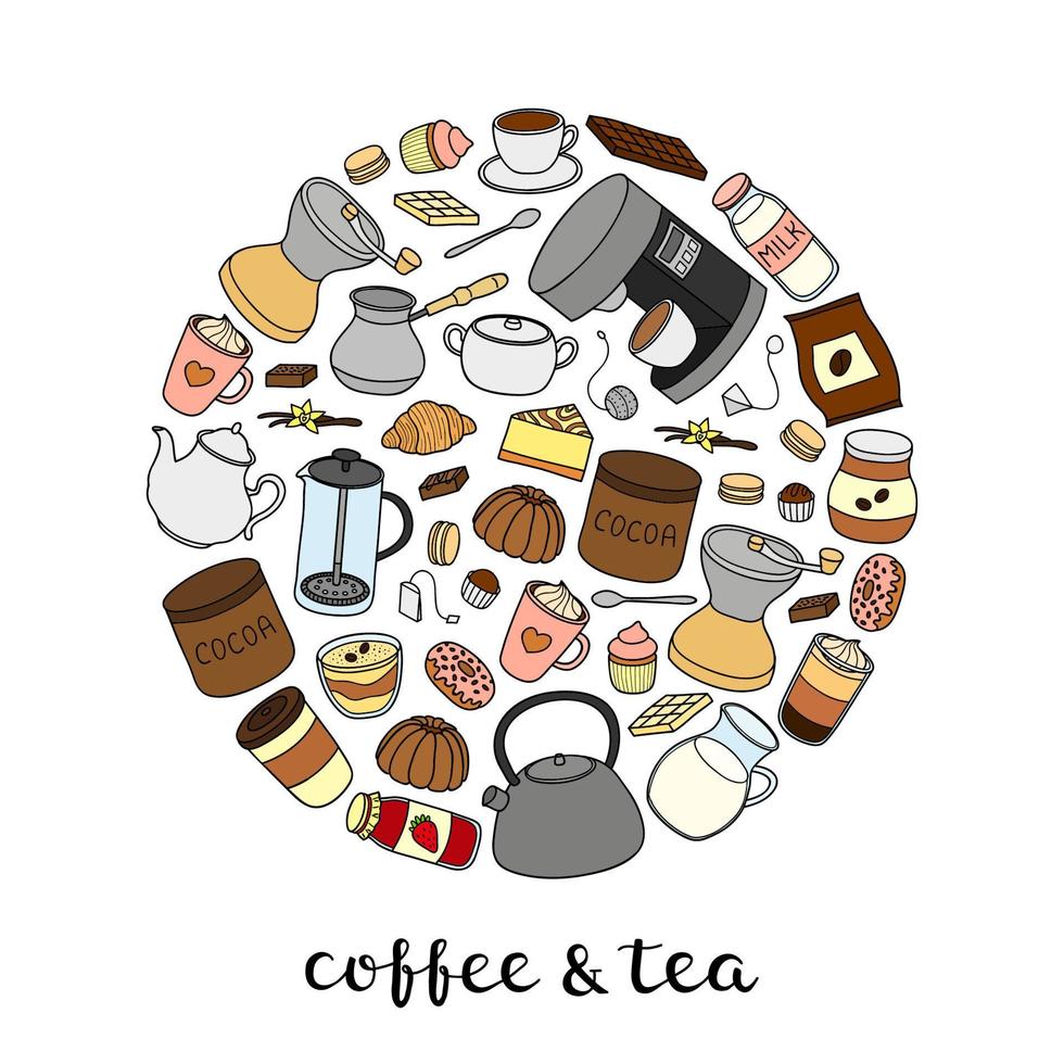 Hand drawn coffee, tea and cocoa items in circle. vector
