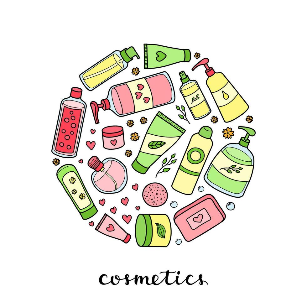 mano dibujado belleza productos en círculo. vector