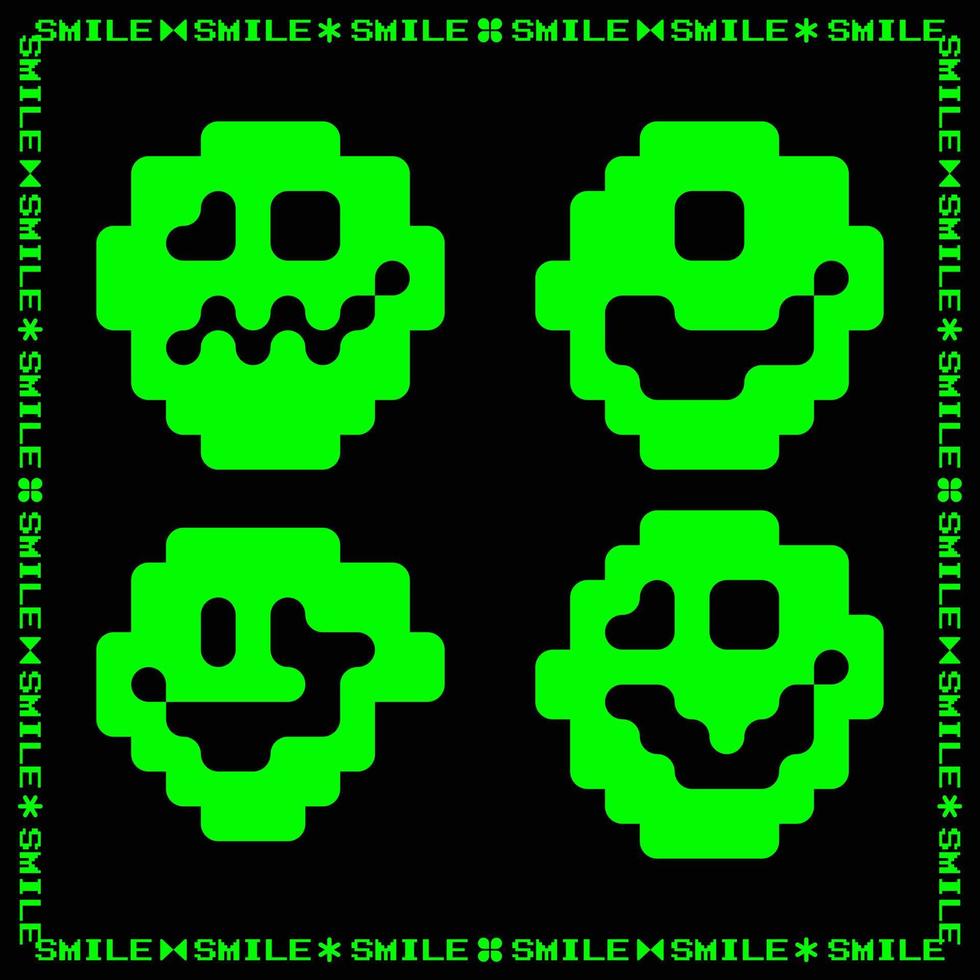 Neon green Smile icon face set symbol vector alien zombie clip art element game in pixel mosaic editable
