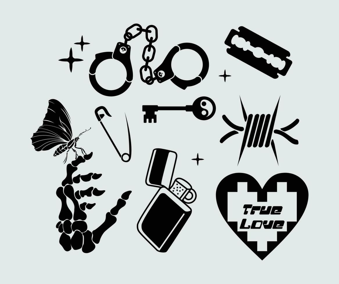 True love sticker element vector illustration set bundle, handcuffs, match, key, butterflay pin tattoo editable