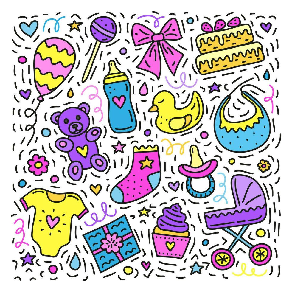 Set of doodles for baby shower. vector