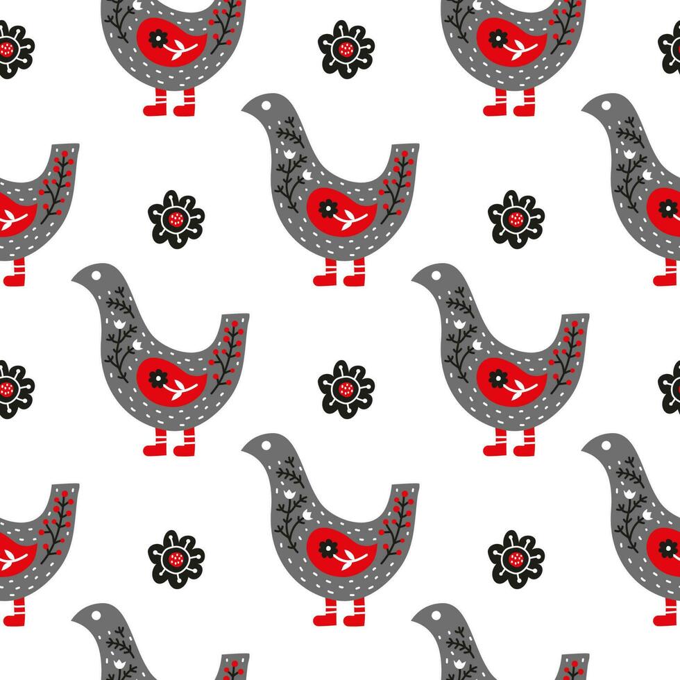 Seamless pattern with Scandinavian birds and flowers. vector