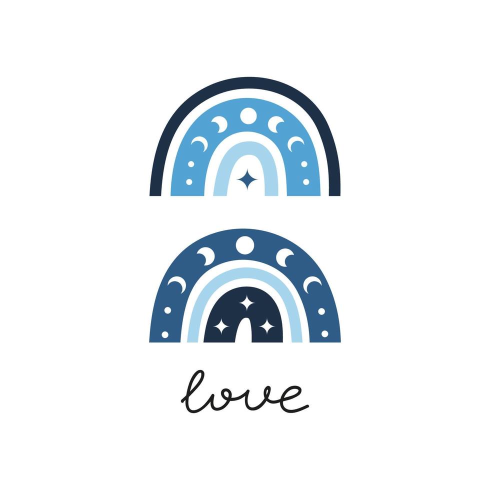 Boho rainbows with lettering love and moon phases, dots, crescents. vector