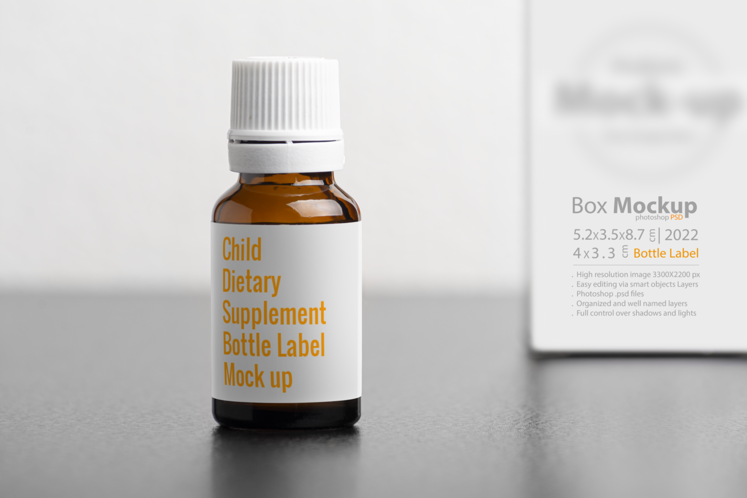 Child dietary supplement glass bottle with package isolated on gray background psd