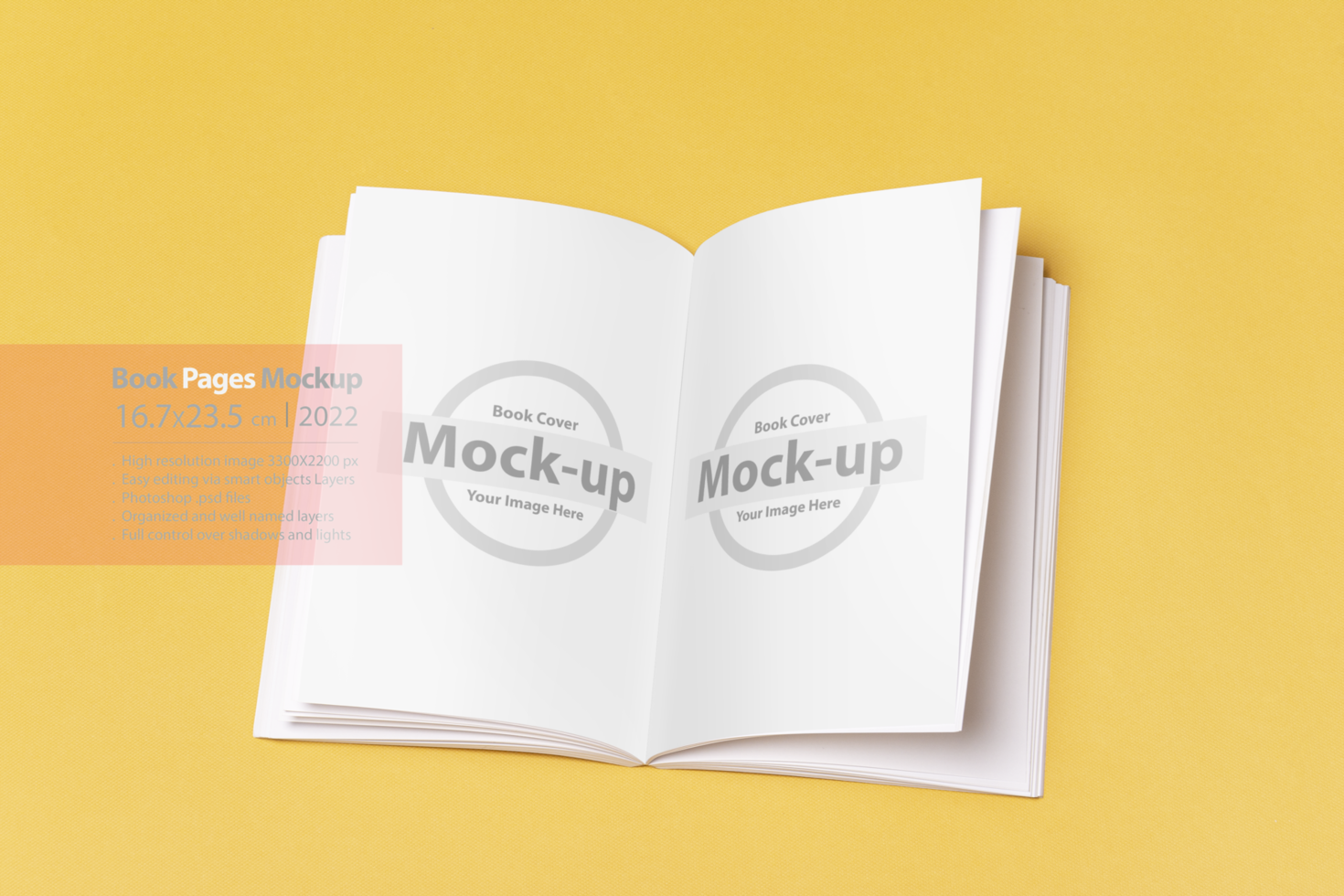 Opened book-catalog with blank pages on yellow background psd