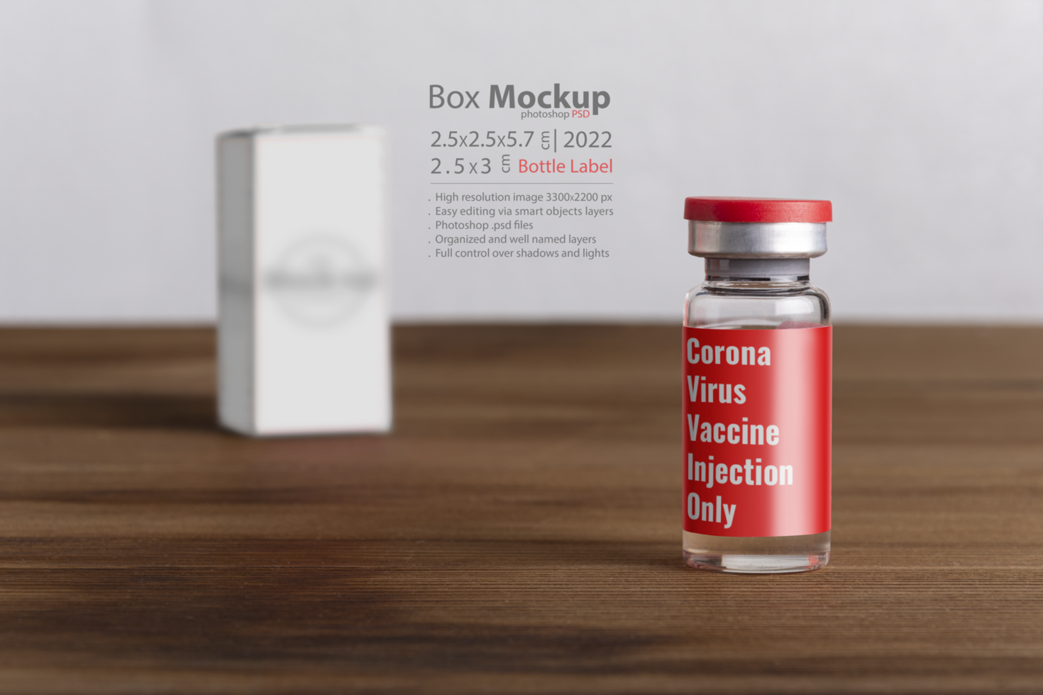 Medical vial for injection on wooden board background psd
