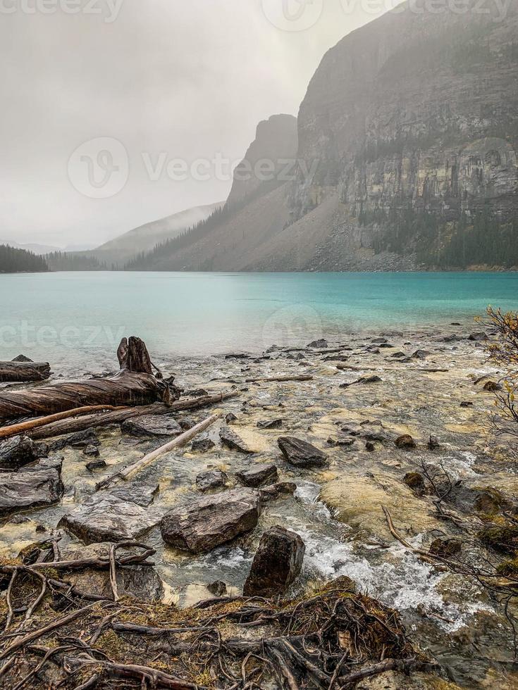 Moraine Lake, Banff National Park in Alberta on a rainy day photo