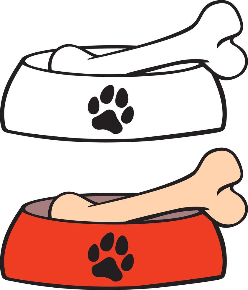 Dog food bowl with bone shaped dog biscuit or bone, paw print on bowl vector illustration with black and white line art