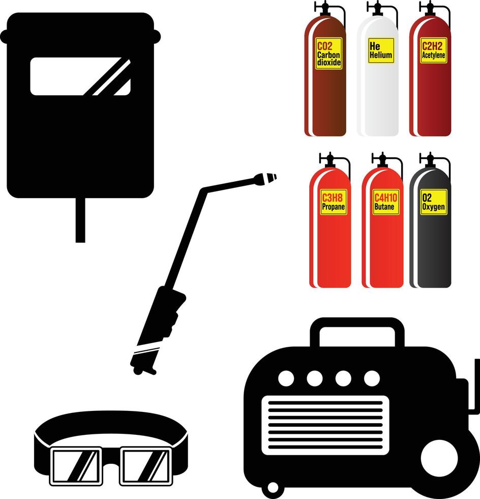 Welders  equipment and accessories with different types of Compressed Gas Cylinders vector illustrations