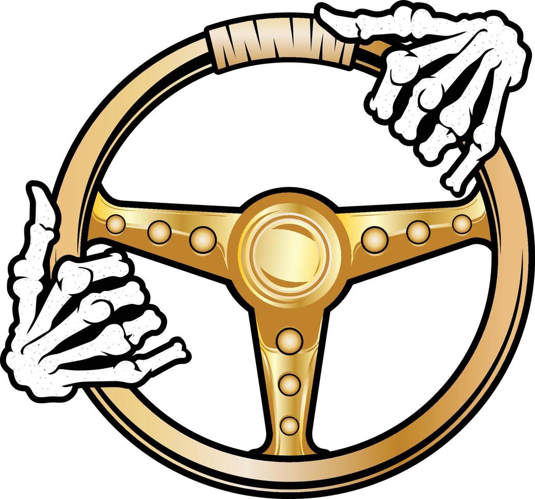 Skeleton hands on golden steering wheel, skeleton hands driving vector illustration clip art