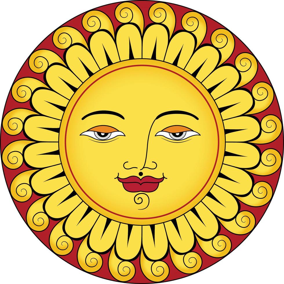 Sun face with flower shaped rays around, calm charm vector sun face illustration