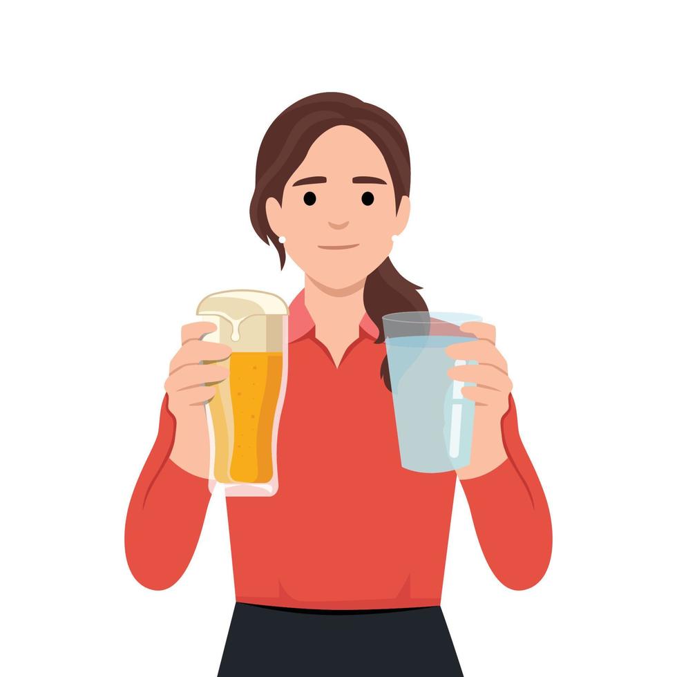 Woman holding glass of mineral water and glass of beer. Choose which one is better. Healthy or party concept. vector