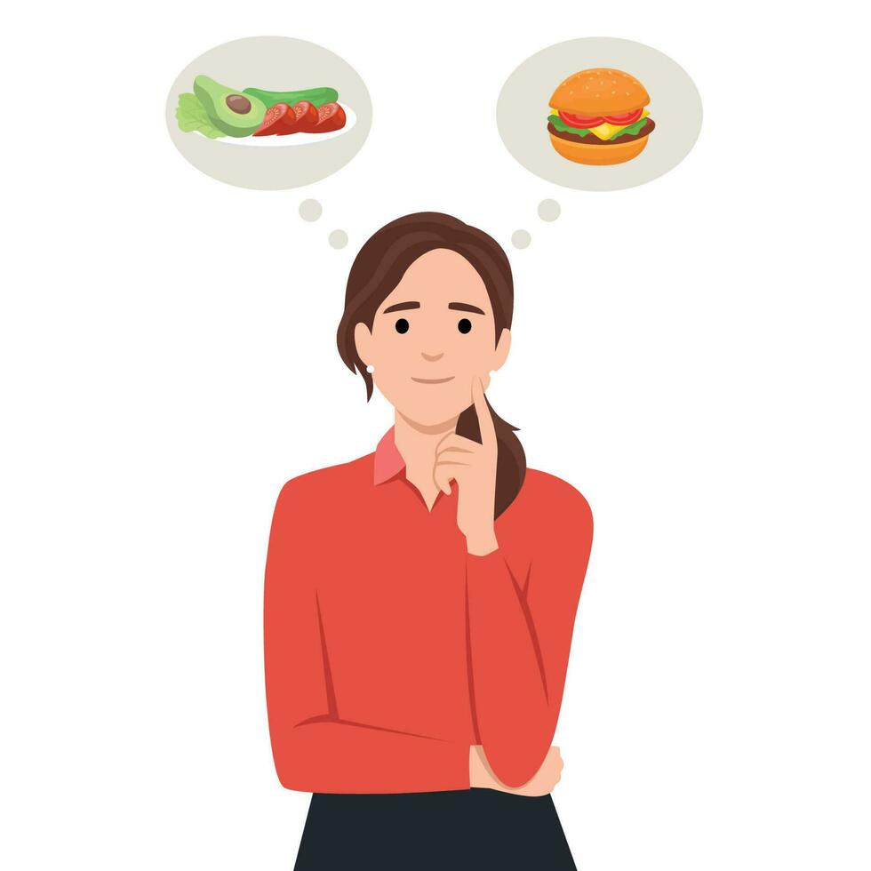 hermosa mujer elegir Entre ensalada y hamburguesa, sano y basura alimento. vector