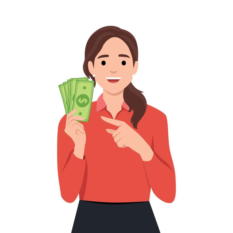 lucky girl hold lot of money, pointing at dollar bills in hand and smiling excitedly. vector