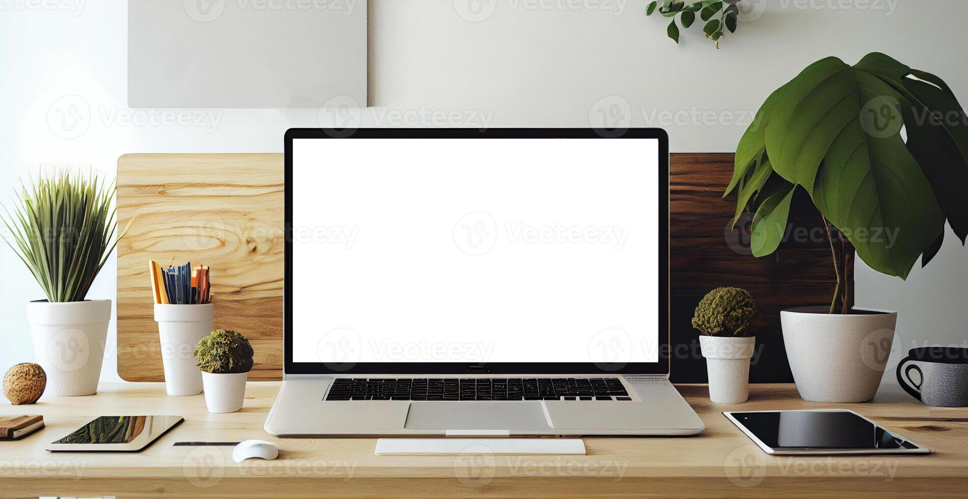 Modern workspace with blank screen laptop, white frame - image photo