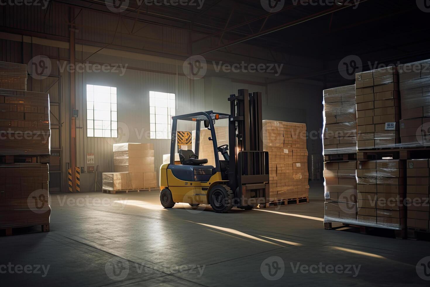 Forklift for loading pallets with packages in warehouse interior. Commercial distribution warehouse with shelves and boxes. Created with photo