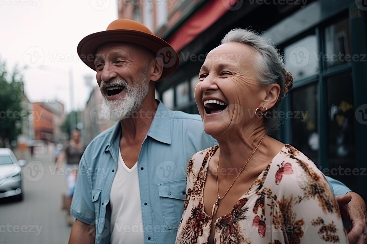 Elderly couple have fun at city street. Elderly man and woman are walking together, smiling and fooling around. Happy old age. Created with photo