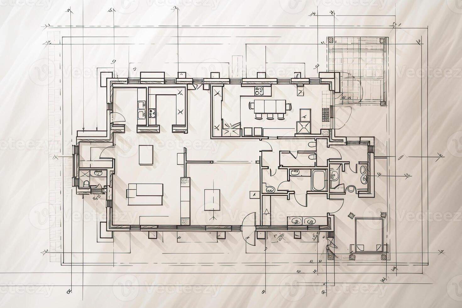 Architectural plan on white paper. Technical project of living room. Drawing for construction. Created with photo