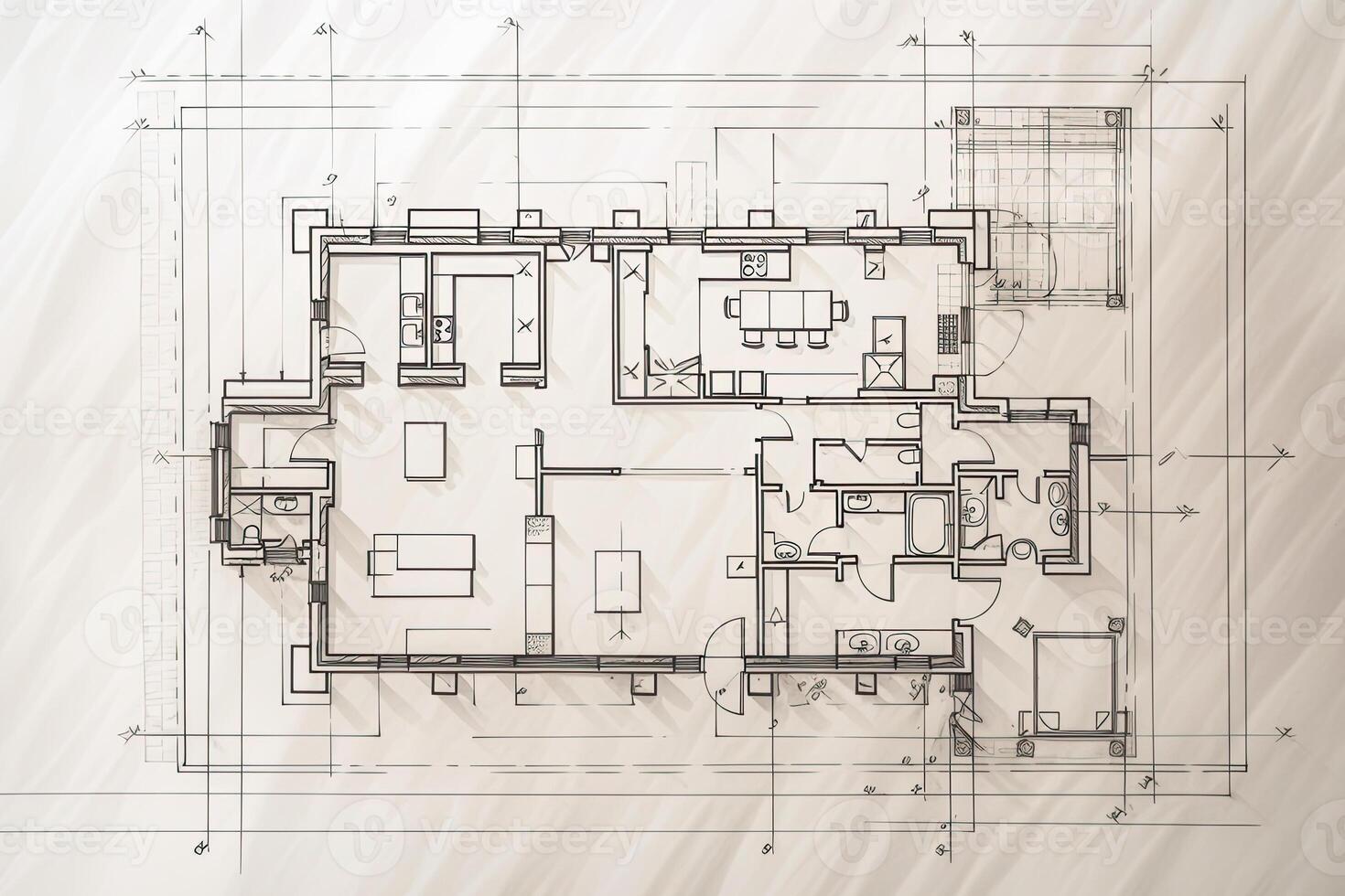 arquitectónico plan en blanco papel. técnico proyecto de vivo habitación. dibujo para construcción. creado con generativo ai foto