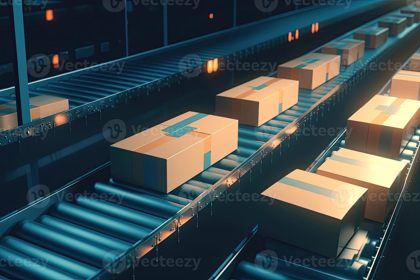 Automatic production line, conveyor belt with boxes. photo