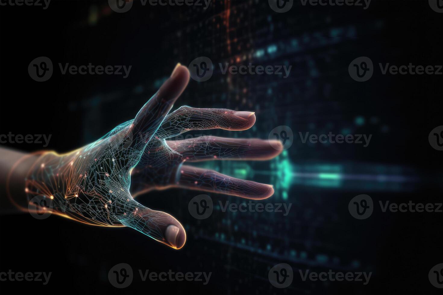 Hand touching digital data network. Communication with artificial intelligence. photo