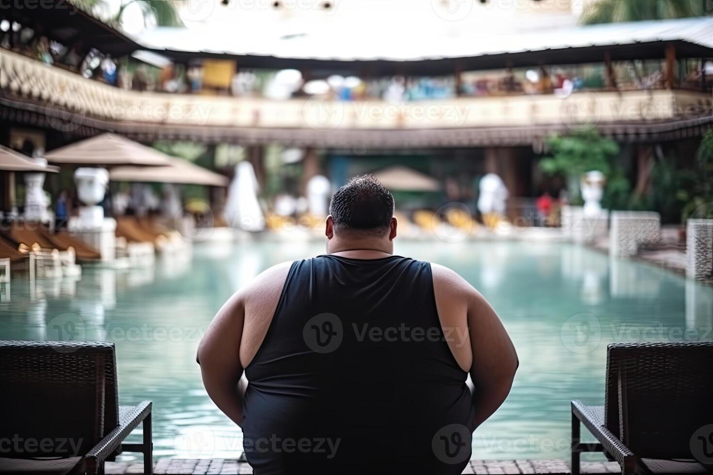 Fat man at summer vacations near swimming pool. Obesity problem. photo