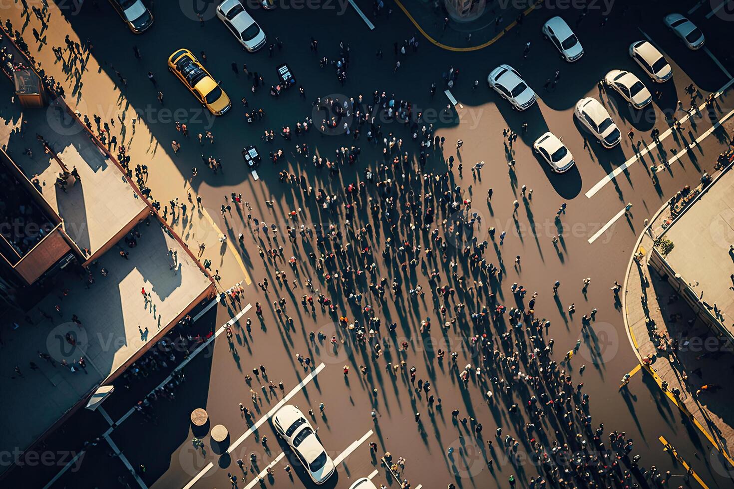 People walking at city street, aerial view. Protesting crowd. Created with photo