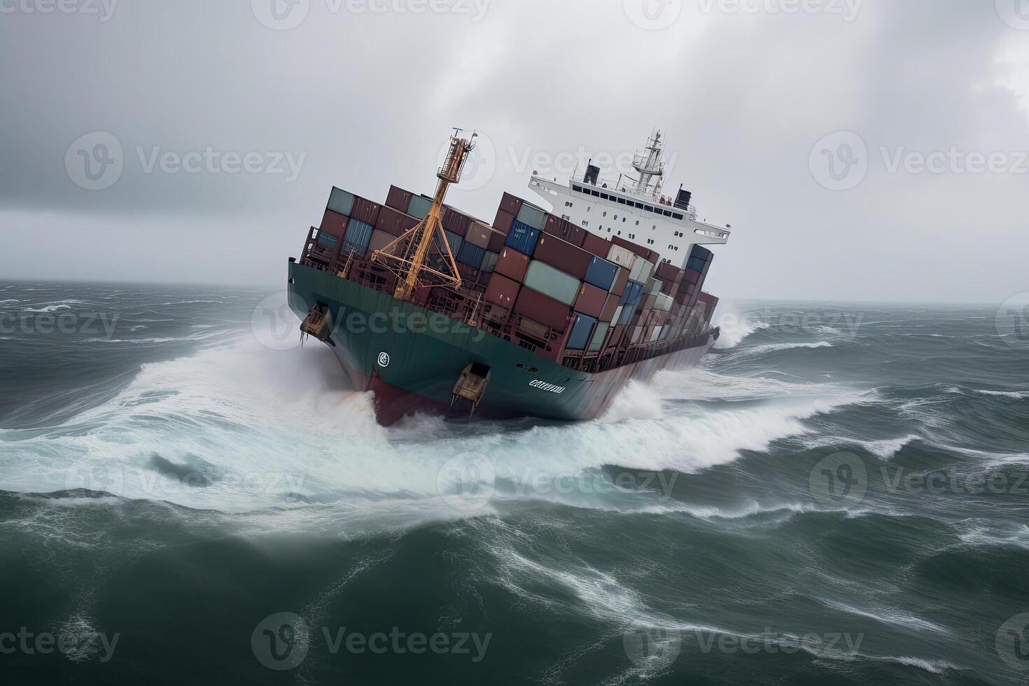 destrozado carga Embarcacion con contenedores en Tormentoso mar con grande ondas. generativo ai foto