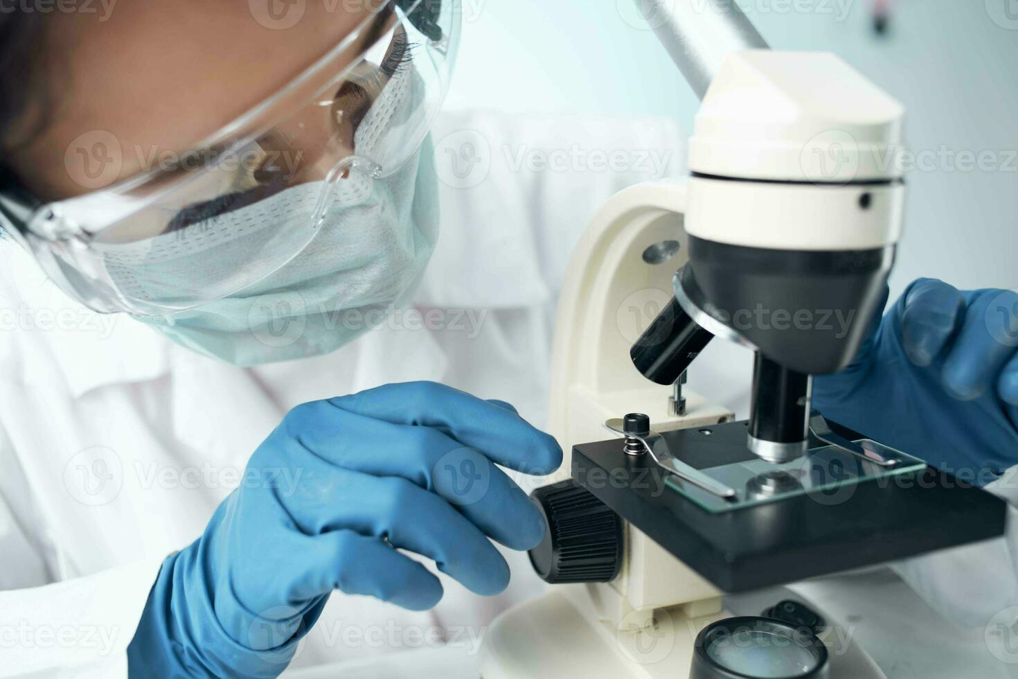 woman laboratory assistant microscope diagnostics research science photo
