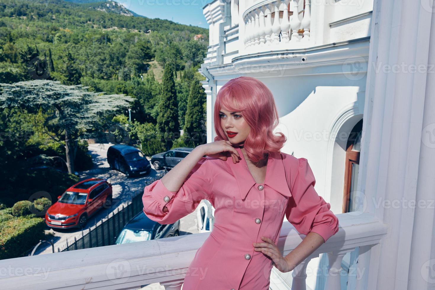 portrait of a woman Vintage fashion pink hair posing summer Happy female relaxing photo