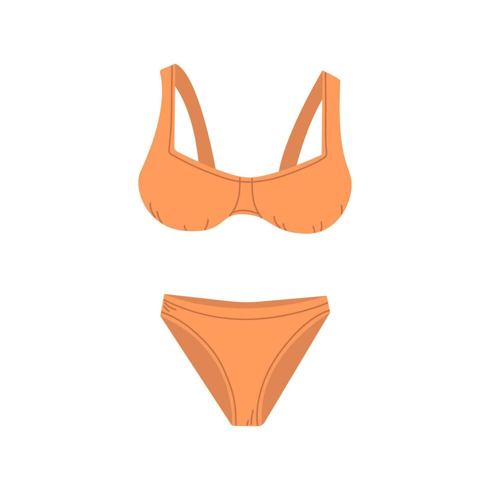 Female fashion swimsuit. Flat vector isolated illustration of drawing trendy female beachwear. Two piece orange swimming suit or bathing underwear lingerie.