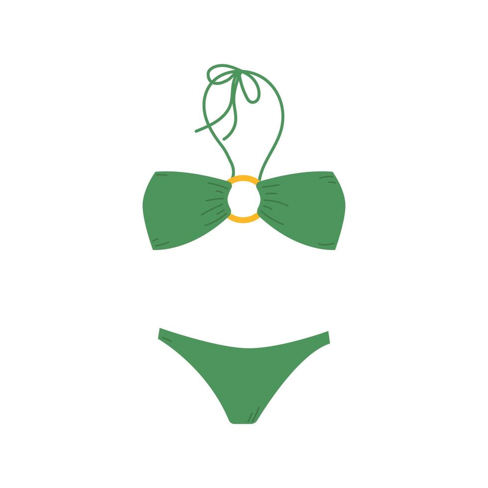 Female fashion swimsuit. Flat isolated illustration of drawing trendy female beachwear. Two piece green swimming suit or bathing underwear lingerie with neck ties. Vector colorful swimwear