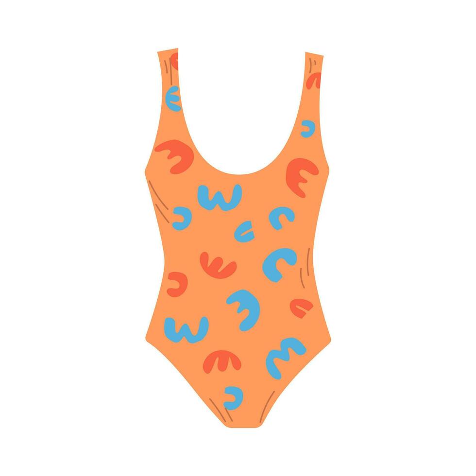 Female one piece swimsuit. Stylish orange swimwear with abstract pattern. Flat hand drawn colorful vector illustration isolated on white background.