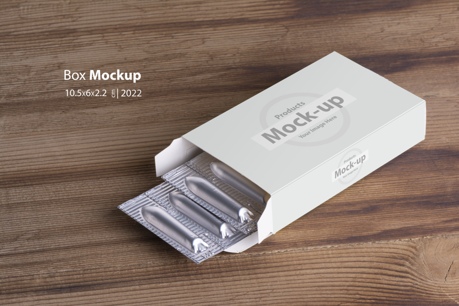 Suppositories loafs inside box on wooden table background psd