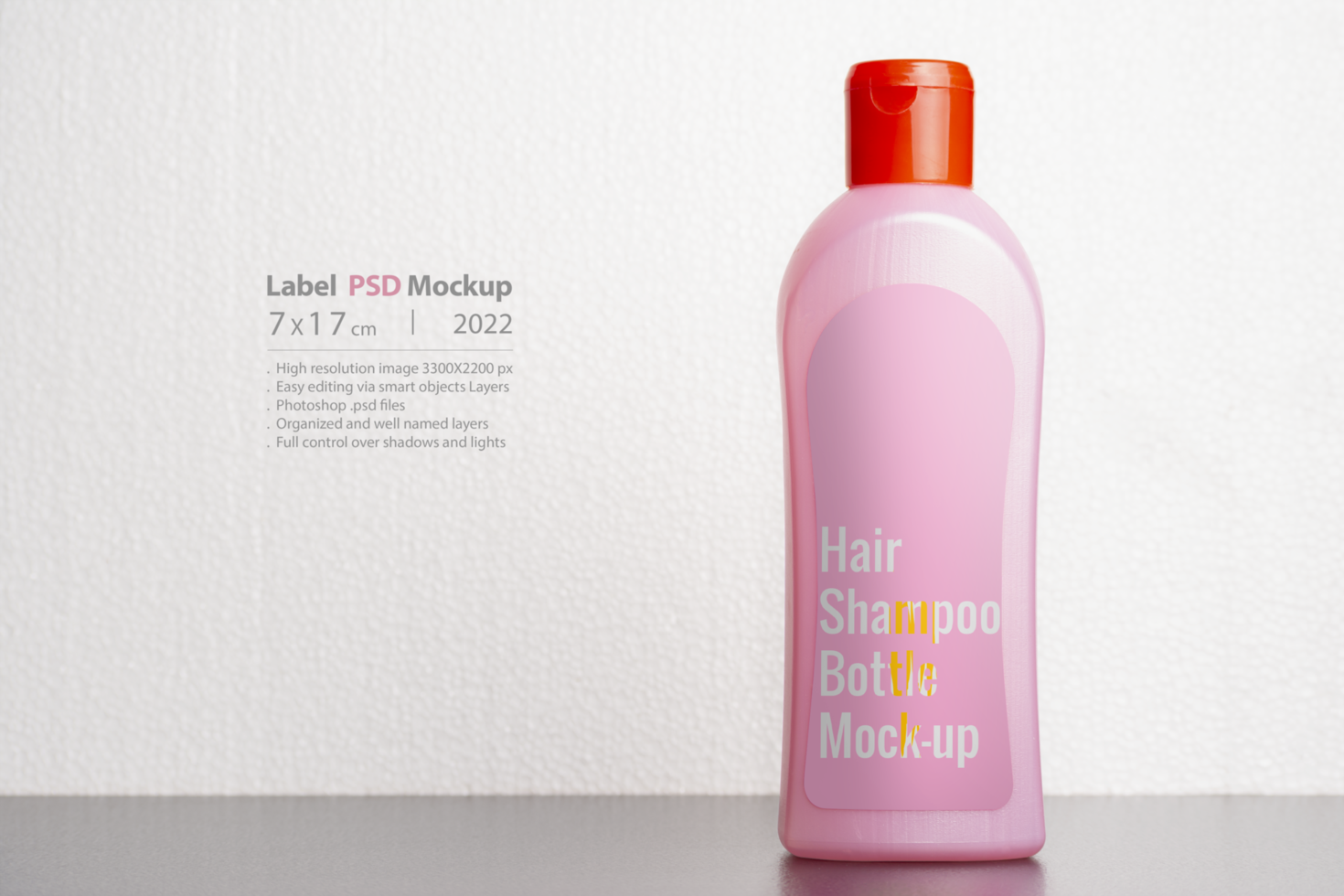 Hair shampoo bottle in front of  light gray background psd