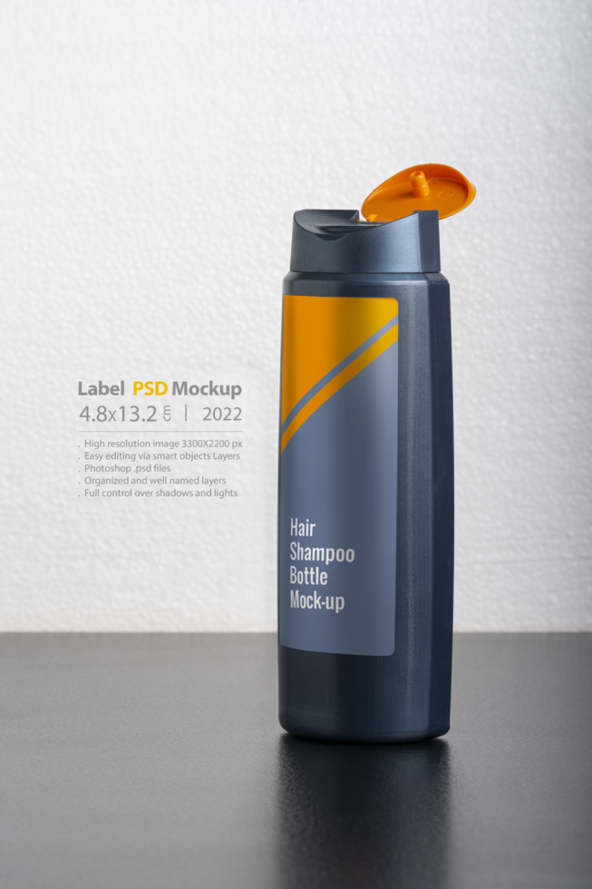Hair shampoo bottle in front of  light gray background psd