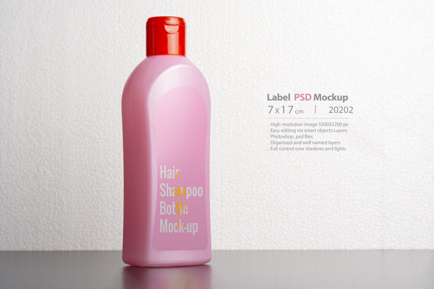 Hair shampoo bottle in front of  light gray background psd