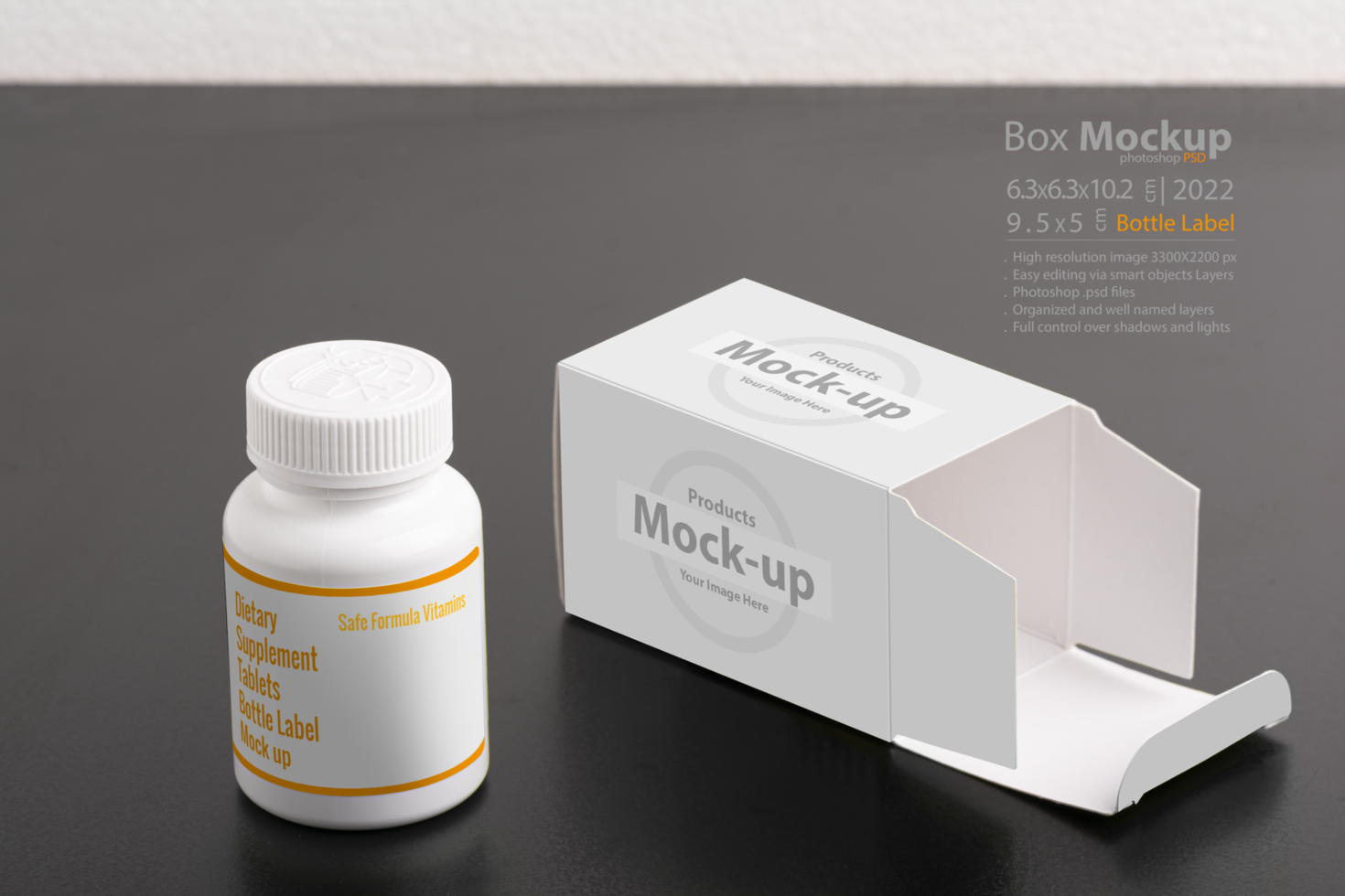 Pillbox dietary supplement bottle with package on background psd