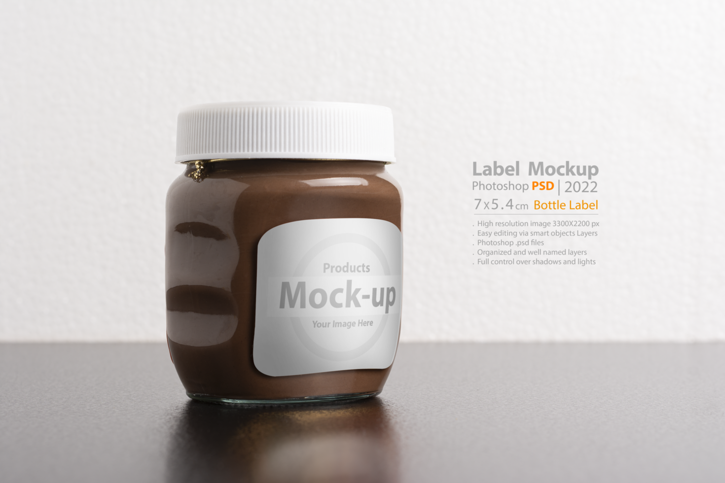 Hazelnut spread chocolate jar with round cap on black table psd