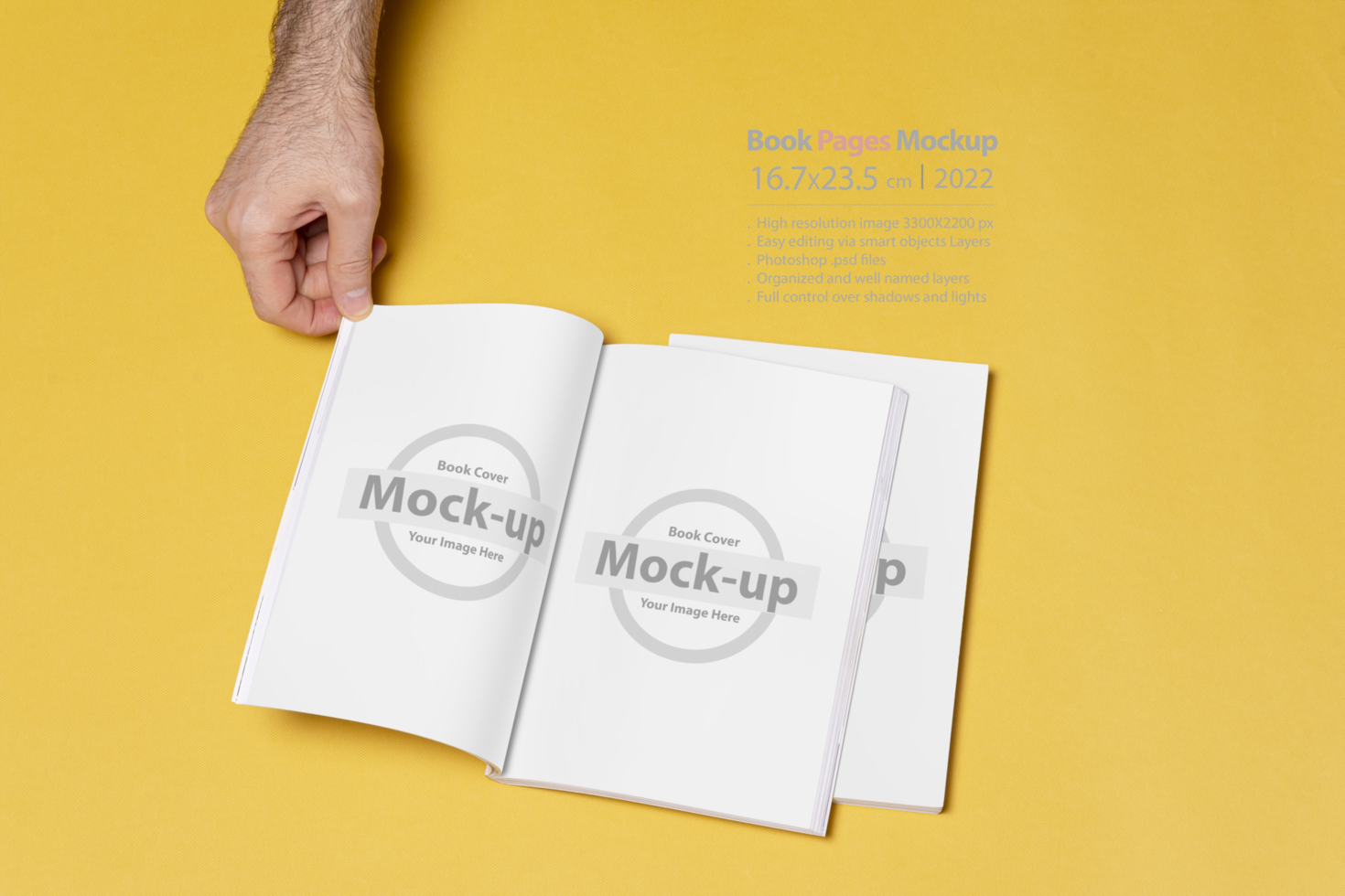 Opened book-catalog with blank pages on yellow background psd