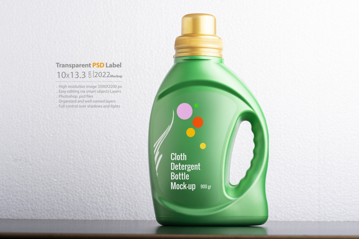 Cloth detergent liquid bottle in front of light gray background psd