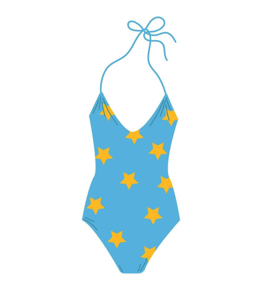 Female one piece swimsuit. Stylish blue swimwear with yellow stars. Swim clothes with neckline and neck ties. Flat hand drawn colorful vector illustration isolated on white background.