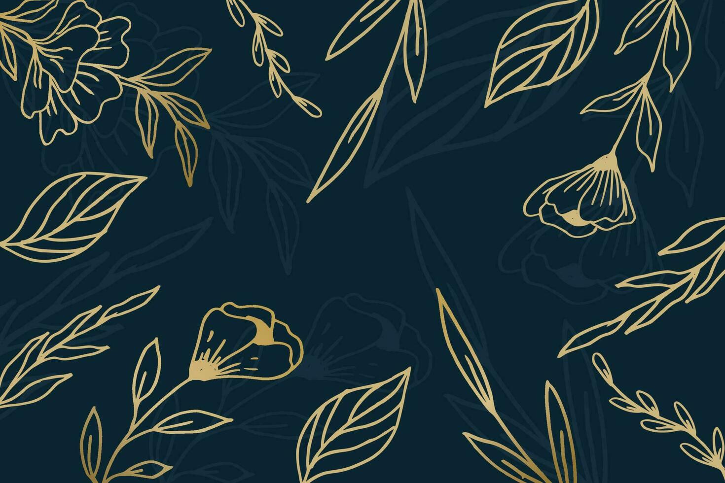 Elegant golden floral background with hand drawn flowers and leaves illustration decoration on dark blue vector