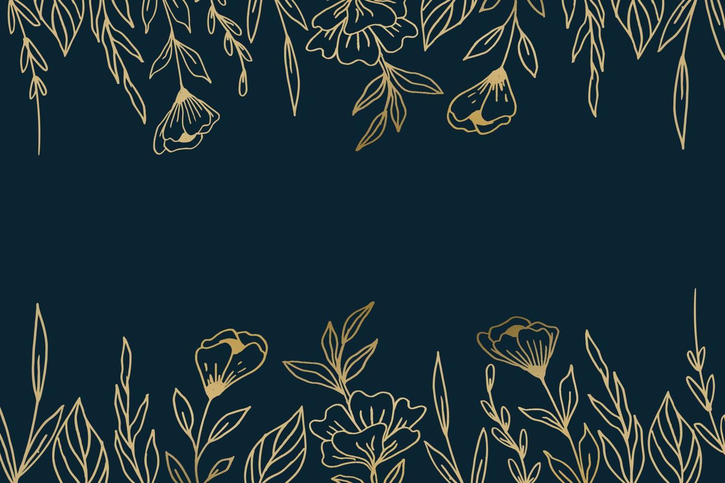 Elegant golden floral background with hand drawn flowers and leaves illustration decoration on dark blue vector