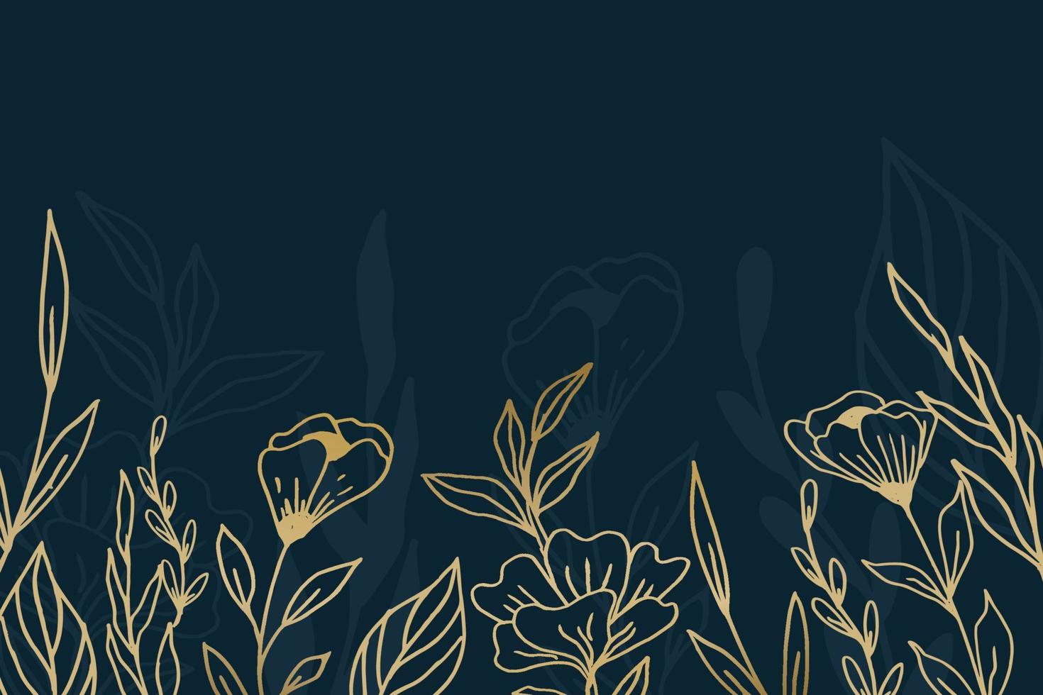 Elegant golden floral background with hand drawn flowers and leaves illustration decoration on dark blue vector