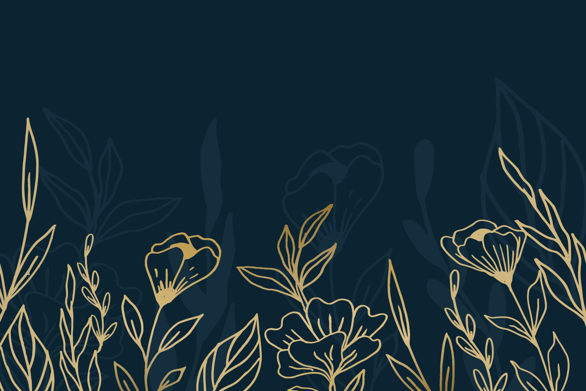 Elegant golden floral background with hand drawn flowers and leaves
