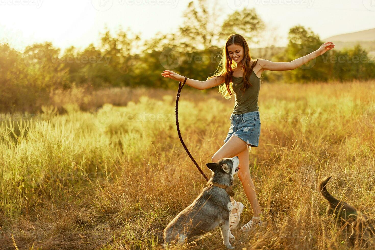 A woman laughs and plays with a dog in nature in a field smiling hugging a husky dog photo