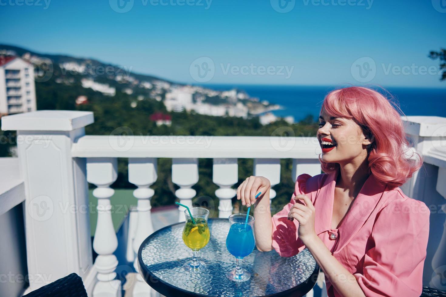 Delighted young girl pink hair sunglasses leisure luxury vintage Relaxation concept photo