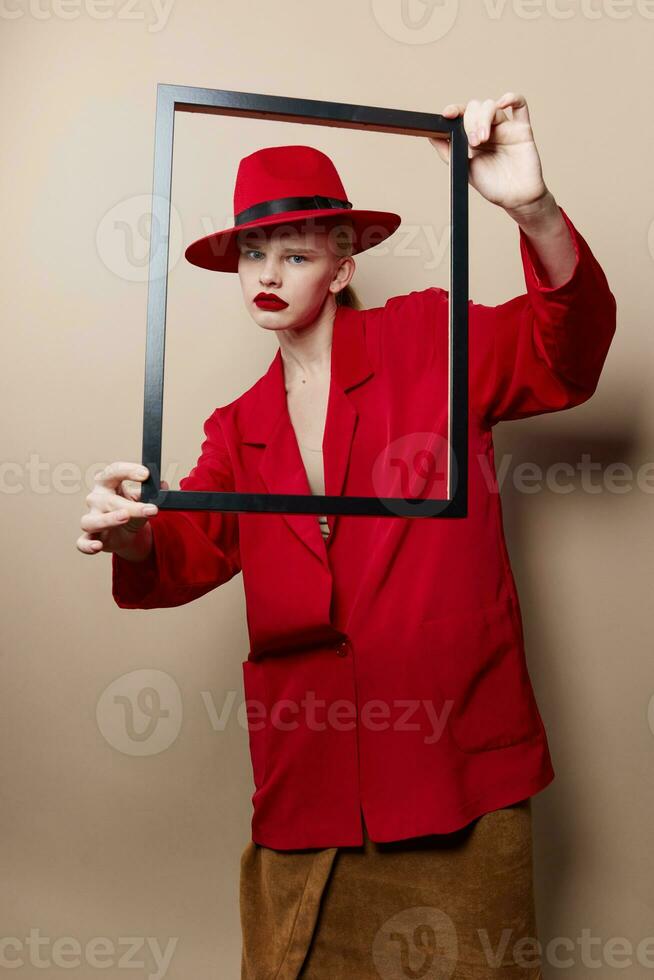 glamorous woman red lips fashion jacket frame isolated background photo