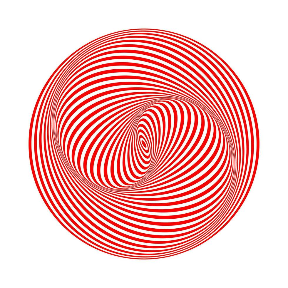 Round wavy red and white optical illusion. Hypnotic tunnel striped lines. Torsion surreal circular backdrop. vector